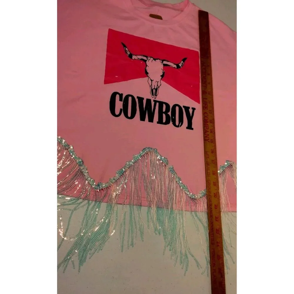 Cowboy T Shirt Large Pink Cropped Silver Fringe Western Cowgirl Crop Top - Picture 7 of 15